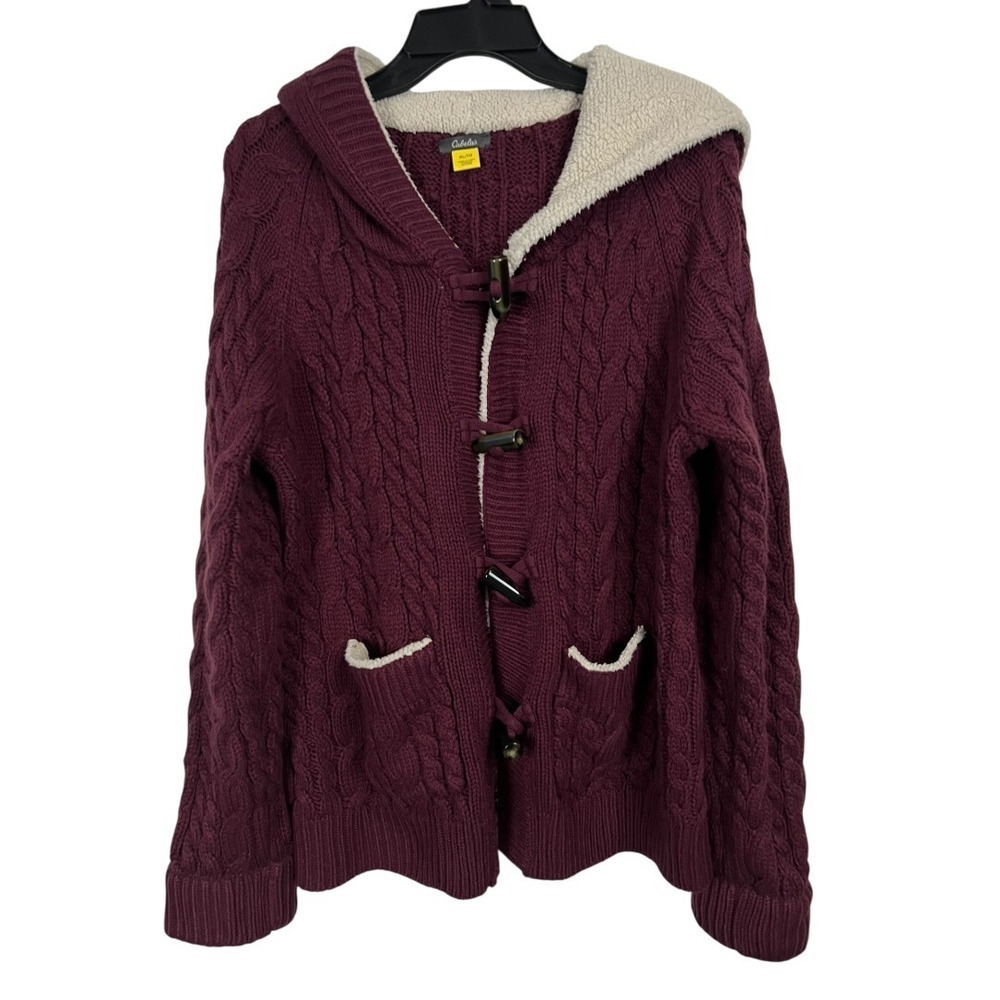 Cabelas Women's Burgundy Cable Knit Sherpa Lined Hooded Cardigan Sweater - Sz XL